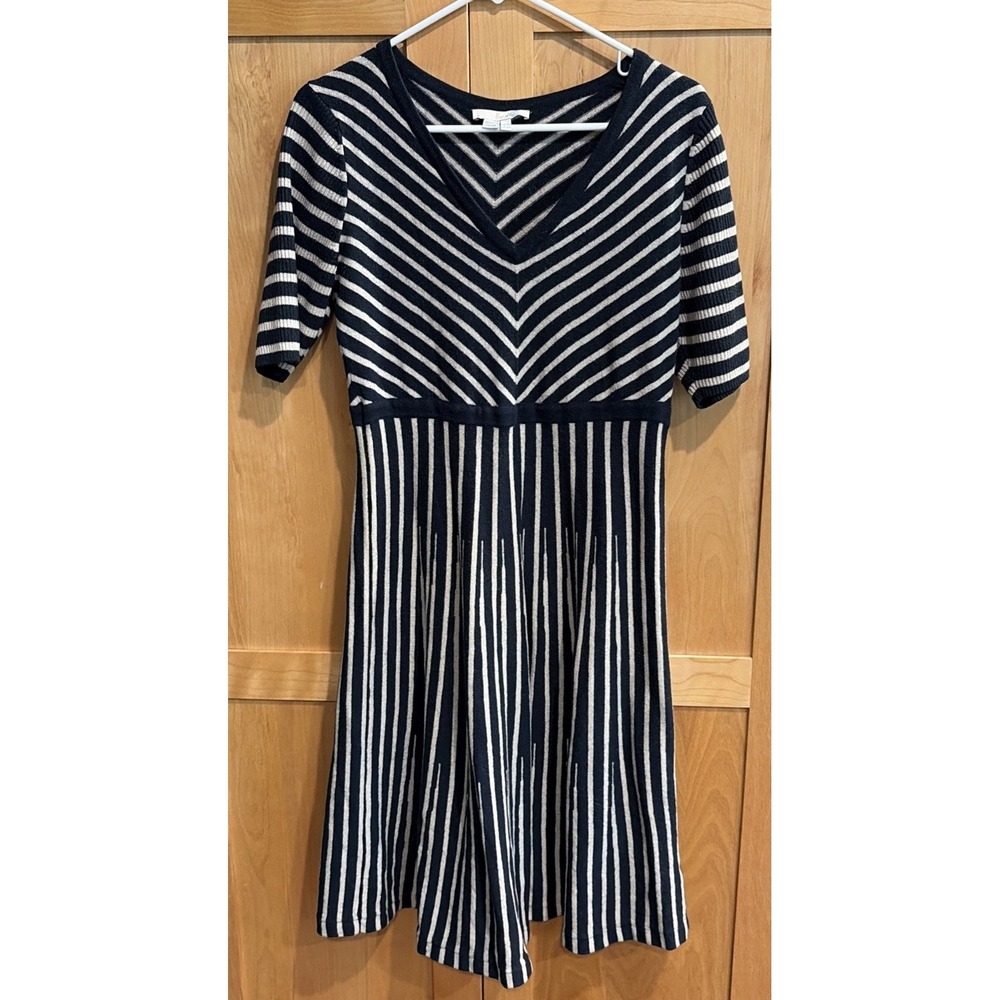 Boden Amelia Dress Navy Beige Striped Fit & Flare Midi Merino Wool/Cotton Sz 14 - Picture 2 of 7